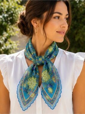 Vintage Floral Sheer Square Scarf Turquoise Garden Bloom Chiffon Cottagecore